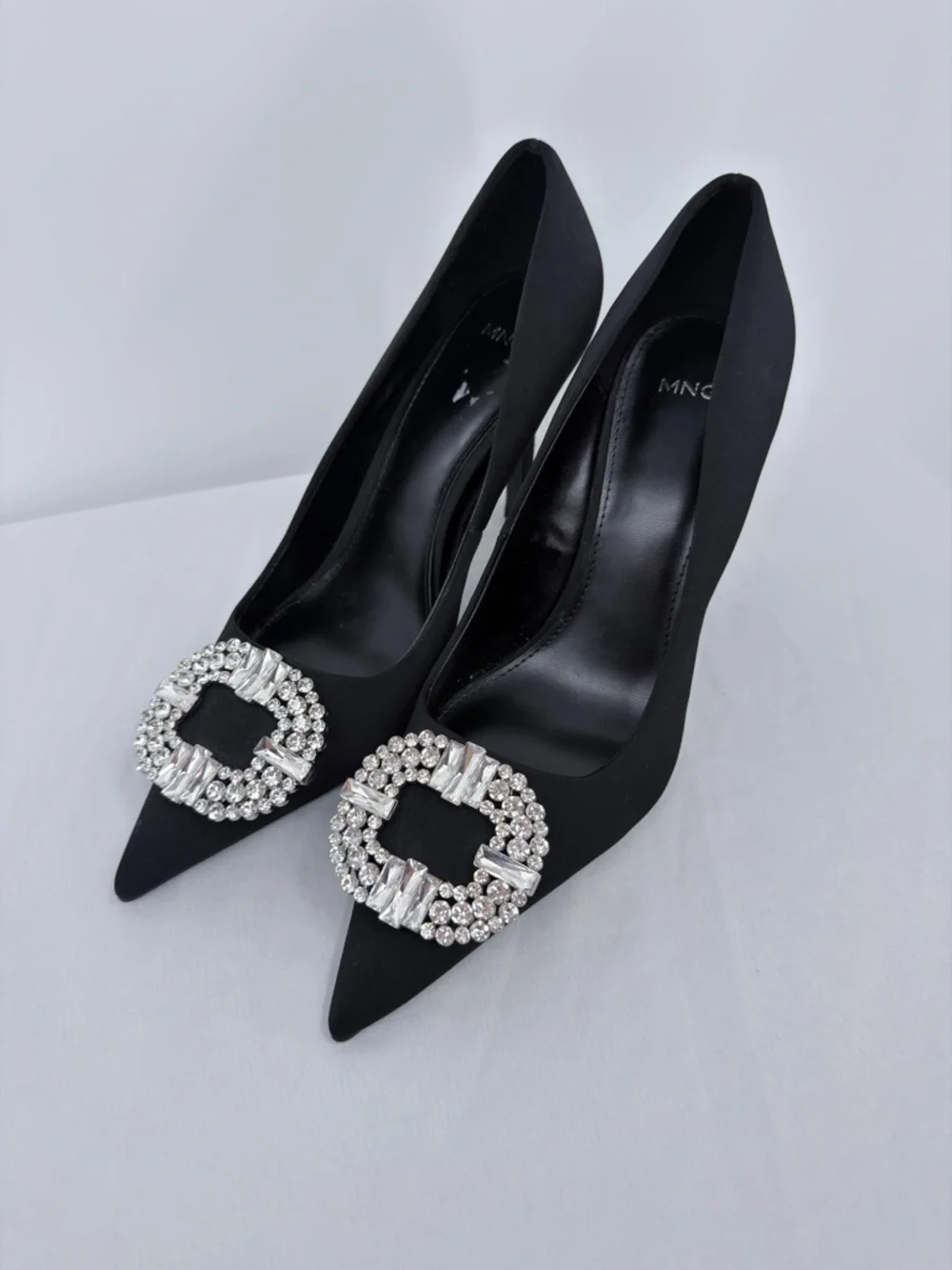 Mango Black Satin Heels Rhinestone Buckle Pumps Size 40 EU Pointed Toe 4” Heel